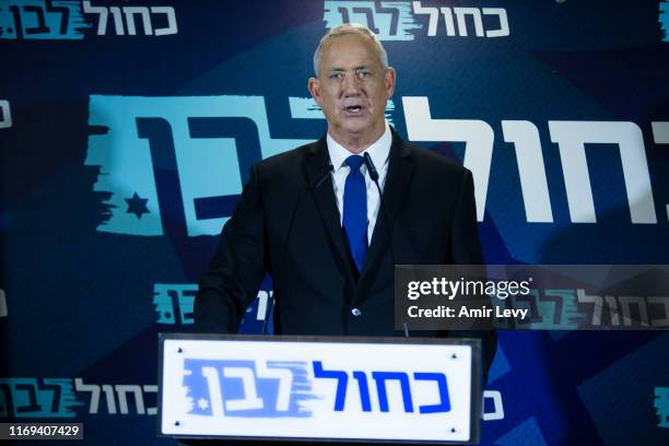 Benny Gantz, Blue and White leader gives a statement at the begining of Blue and White Party post-election meeting on September 19, 2019 in Tel Aviv,...