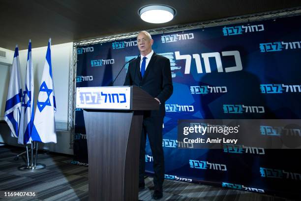 Benny Gantz, Blue and White leader gives a statement at the begining of Blue and White Party post-election meeting on September 19, 2019 in Tel Aviv,...