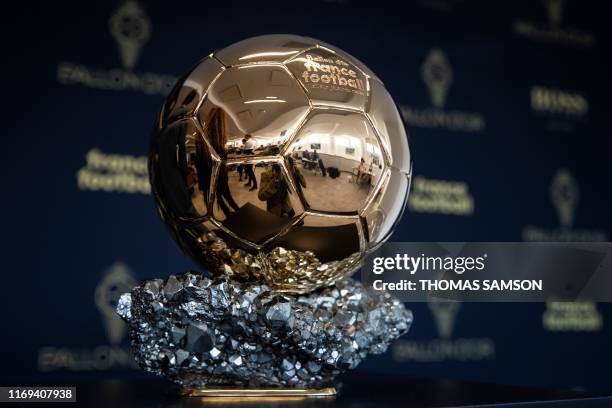 The Ballon d'Or trophy is displayed during a press conference to present the new Ballon d'Or trophy, on the outskirts of Paris, on September 19, 2019.