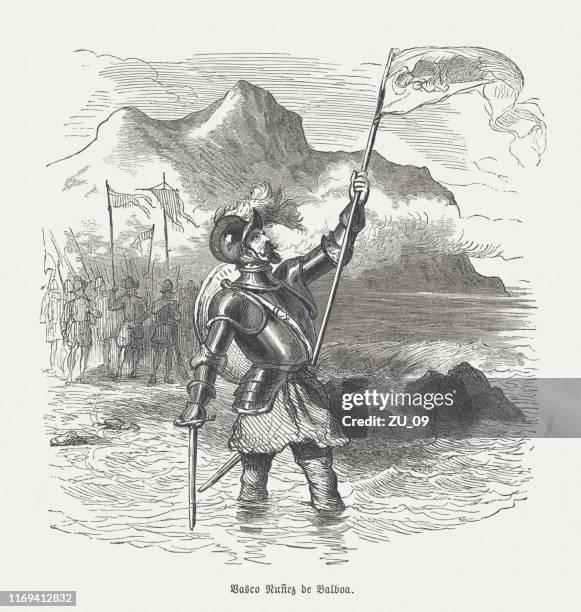 vasco núñez de balboa (c.1475-1519), spanish explorer, woodcut, published 1876 - colonialism stock illustrations