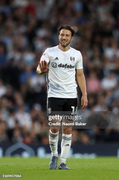 Harry Arter of Fulham gestures during of the Sky Bet Championship match between Fulham and Leeds United at Craven Cottage on August 21, 2019 in...