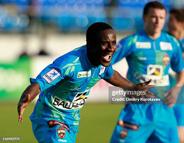 Seydou Doumbia of PFC CSKA Moscow celebrates after scoring a goal during the Russian Football League Championship match between PFC Spartak Nalchik...