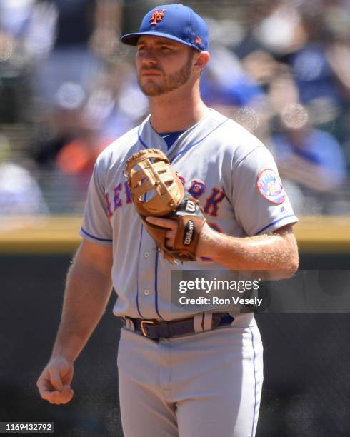 Pete Alonso of the New York Mets fields against the Chicago White Sox August 1, 2019 at Guaranteed Rate Field in Chicago, Illinois.