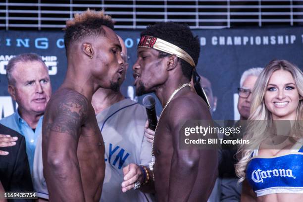 Jermell Charlo and Erickson Lubin faceoff during the Erislandy Lara vs Terrel Gausha Official Weigh In at the Barclays Center on October 13, 2017 in...
