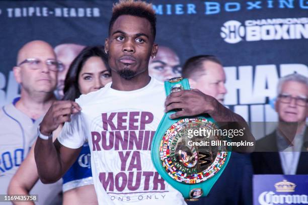 Jermell Charlo weighs in during the Erislandy Lara vs Terrel Gausha Official Weigh In at the Barclays Center on October 13, 2017 in the Brooklyn...
