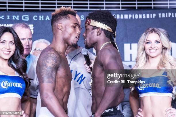 Jermell Charlo and Erickson Lubin faceoff during the Erislandy Lara vs Terrel Gausha Official Weigh In at the Barclays Center on October 13, 2017 in...