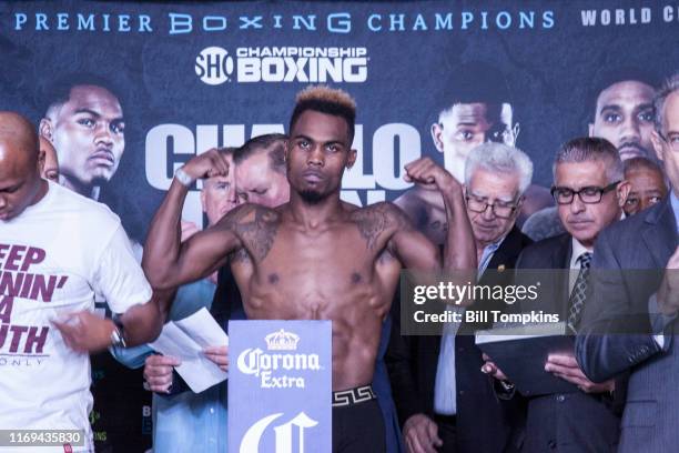 Jermell Charlo weighs in during the Erislandy Lara vs Terrel Gausha Official Weigh In at the Barclays Center on October 13, 2017 in the Brooklyn...