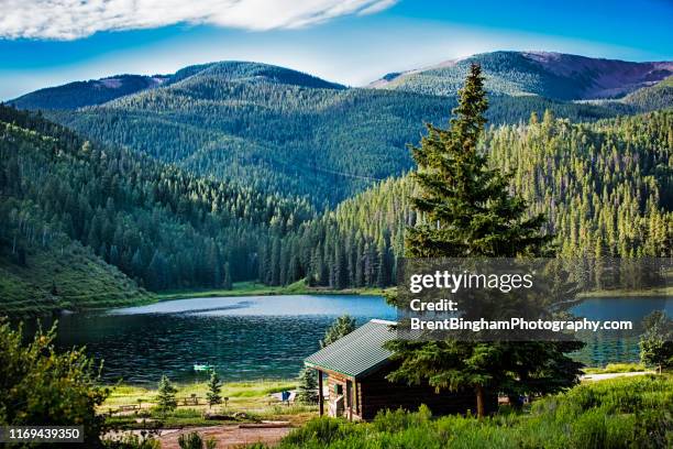 cabin and lake with mountains - log cabin stock pictures, royalty-free photos & images