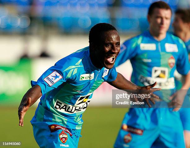 Seydou Doumbia of PFC CSKA Moscow celebrates after scoring a goal during the Russian Football League Championship match between PFC Spartak Nalchik...