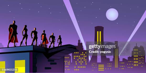 vector superhero team in the city silhouette illustration - searchlight stock illustrations