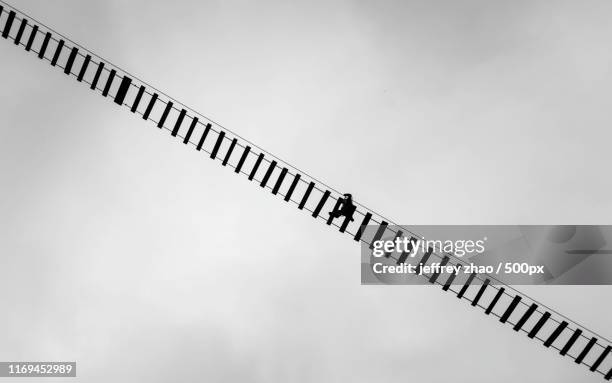 person walking along rope bridge - touwbrug stockfoto's en -beelden