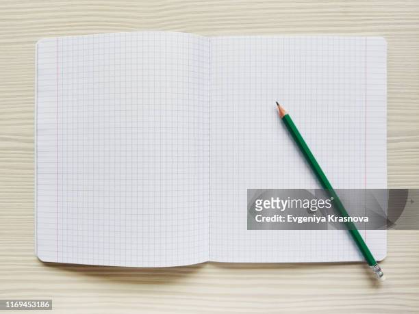 white school notebook in a cage is on a wooden table. green pencil rests on a checkered exercise book without notes - pen mockup stock pictures, royalty-free photos & images