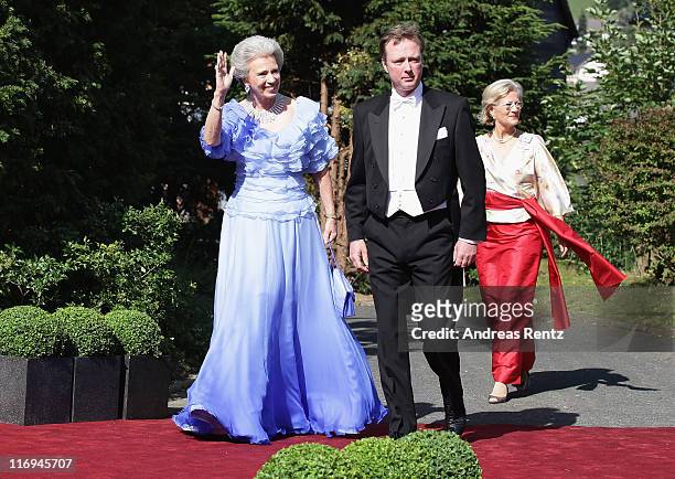 Princess Benedikte of Denmark and son Prince Gustav zu Sayn-Wittgenstein-Berleburg arrive for the wedding of Princess Nathalie zu...