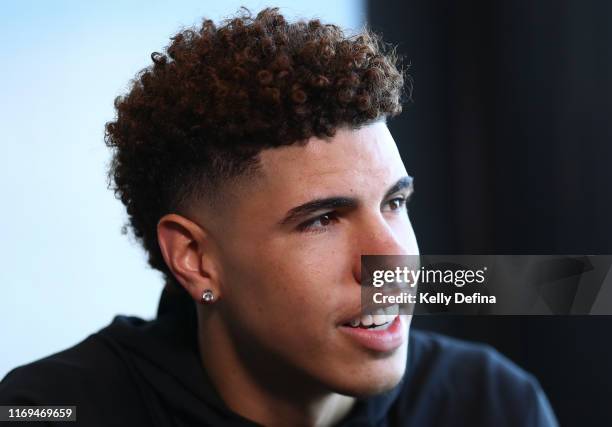 LaMelo Ball of the Illawarra Hawks speaks to media during a NBL media opportunity at The Blackman on August 22, 2019 in Melbourne, Australia.