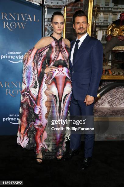 Cara Delevingne and Orlando Bloom attend the LA premiere of Amazon's "Carnival Row" at TCL Chinese Theatre on August 21, 2019 in Hollywood,...