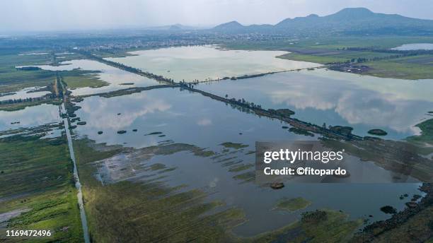 lake chalco in mexico city aerial view - xochimilco stock pictures, royalty-free photos & images