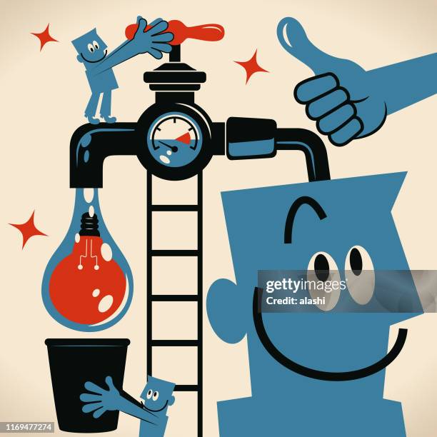illustrations, cliparts, dessins animés et icônes de homme de travail d'équipe tournant sur un robinet et de l'eau avec une ampoule d'idée s'écoulant du robinet et collègue retenant un seau pour l'attraper - plumber