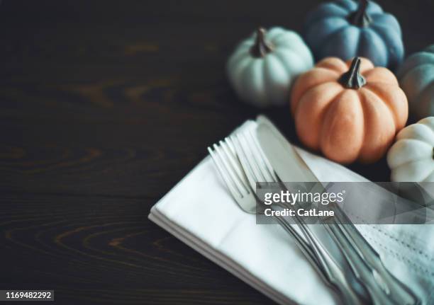 thanksgiving table setting background with pumpkins - thanksgiving cat stock pictures, royalty-free photos & images