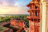 Agra Fort exterior architecture with landscape at sunset