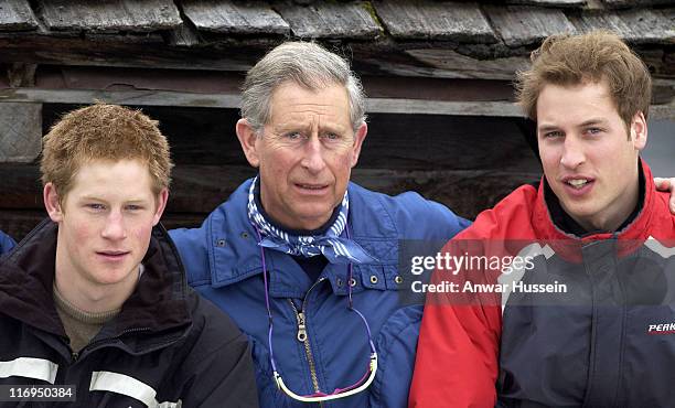 Prince Harry, Prince Charles and Prince William during HRH Prince Charles and Family Photocall During Ski Break at Klosters in Klosters, Switzerland.