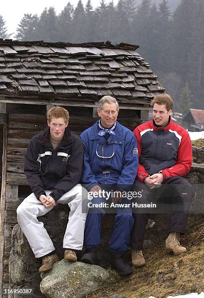 Prince Harry, Prince Charles and Prince William during HRH Prince Charles and Family Photocall During Ski Break at Klosters in Klosters, Switzerland.
