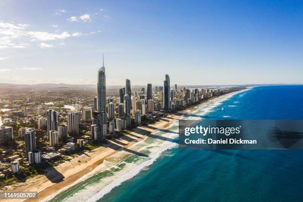 surfers paradise skyline aerial drone shot - gold coast wave stock pictures, royalty-free photos & images