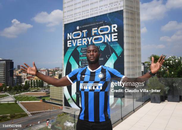 Romelu Lukaku poses during his unveiling as new FC Internazionale signing on August 8, 2019 in Milan, Italy.