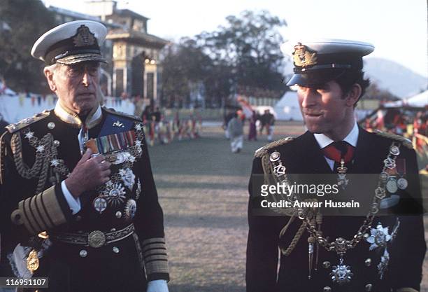 The Prince of Wales and Lord Mountbatten, wearing full naval uniform, visited Nepal in 1975 to attend the coronation of King Birendra.