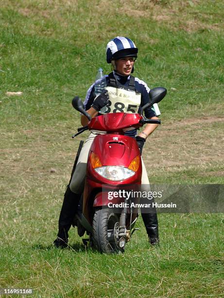 Zara Phillips, daughter of Princess Anne, rides a scooter on the third day of the Gatcombe Park Festival of British Eventing at Gatcombe Park, on...