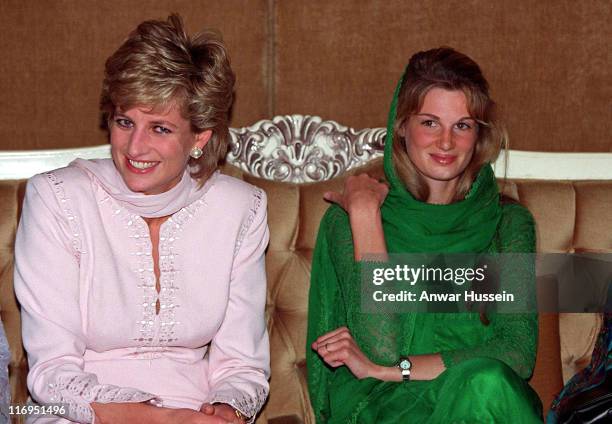 The Princess of Wales is given a warm welcome by Jemima Khan on her arrival to Lahore, Pakistan in April 1996.