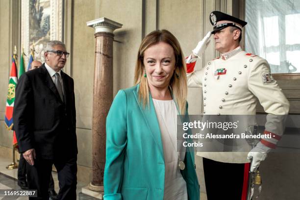 Giorgia Meloni, Leader of Fratelli d’Italia party, speaks to the media after a meeting with Italian president Sergio Mattarella during the second day...