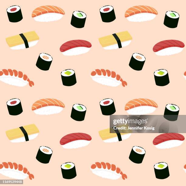 nahtlose maki und nigiri sushi illustration muster, rosa hintergrund - hosomaki stock-grafiken, -clipart, -cartoons und -symbole