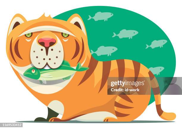 kitten holding fish - cat chewing stock illustrations