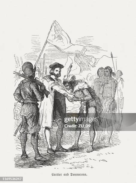 jacques cartier and chief donnacona, wood engraving, published in 1876 - people in quebec city stock illustrations