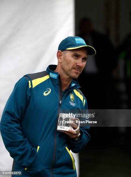 Justin Langer, coach of Australia, looks on during Day One of the 3rd Specsavers Ashes Test match between England and Australia at Headingley on...