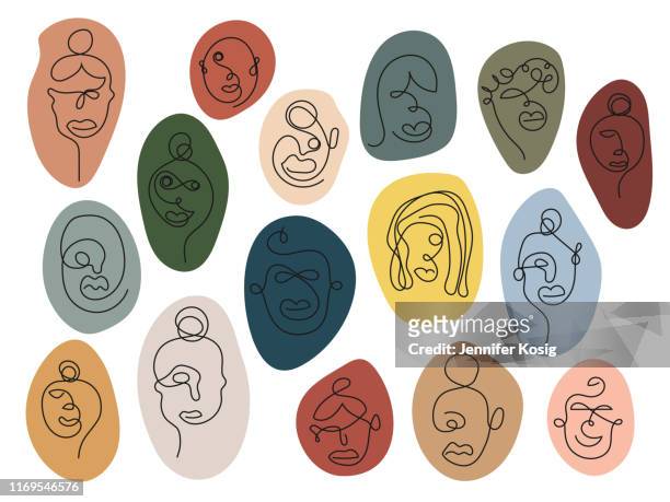 one line art faces, colorful - painted image stock illustrations