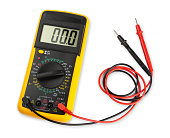 Yellow digital multimeter electronic measurement device tool with red and black cables isolated white background. Installation service concept