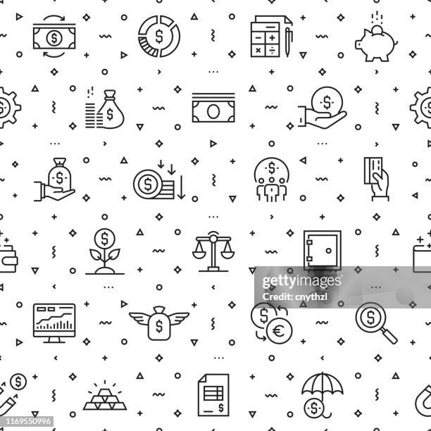 stockillustraties, clipart, cartoons en iconen met vector set van ontwerp templates en elementen voor financiën in trendy lineaire stijl-naadloze patronen met lineaire iconen gerelateerd aan financiën-vector - crowdfunding