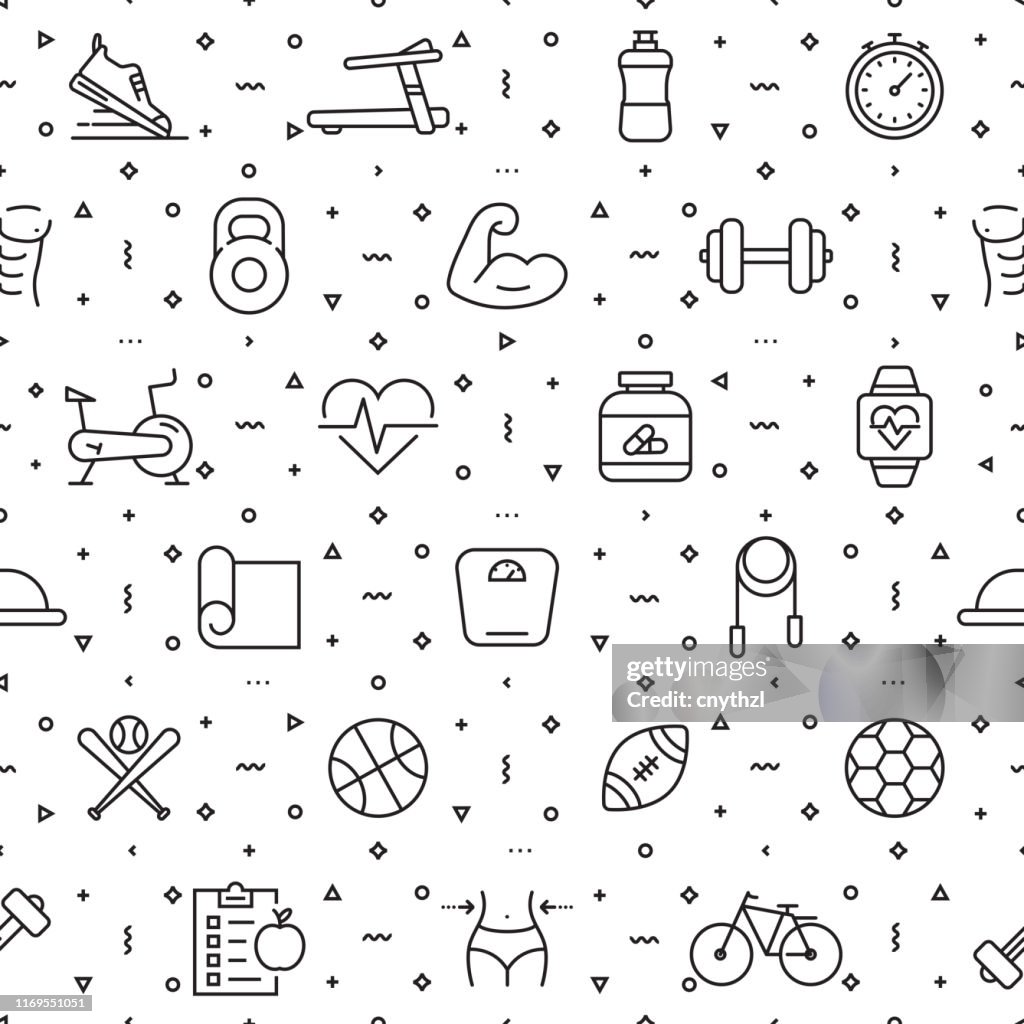 Vector set of design templates and elements for Fitness and Workout in trendy linear style - Seamless patterns with linear icons related to Fitness - Vector