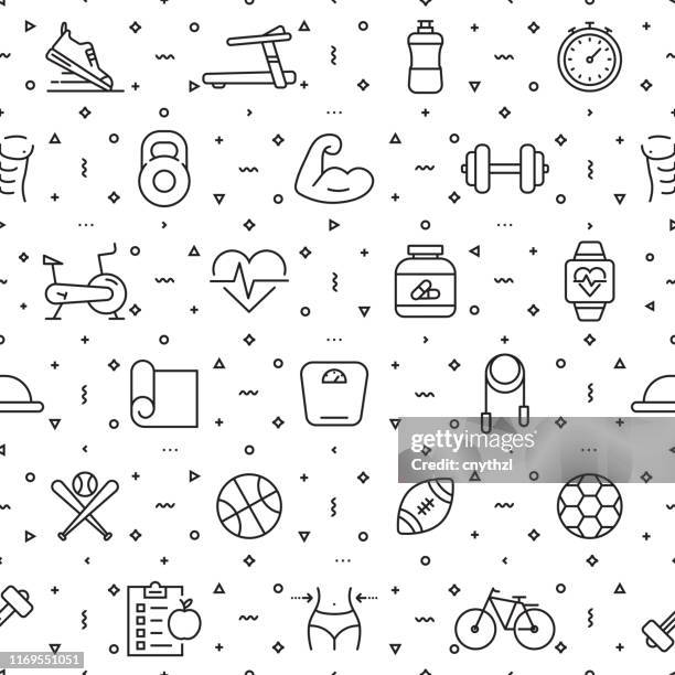 vector set of design templates and elements for fitness and workout in trendy linear style - seamless patterns with linear icons related to fitness - vector - round training icons stock illustrations