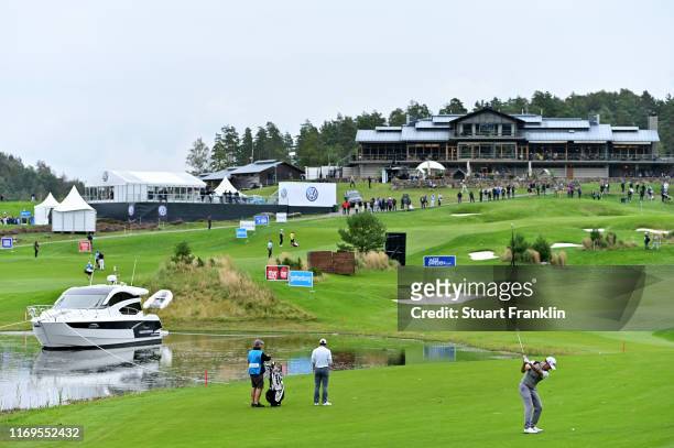 Wade Ormsby of Australia plays a shot on the 9th hole during day one of the Scandinavian Invitation at The Hills Golf and Sports Club on August 22,...