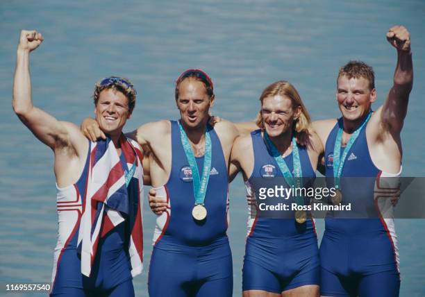 James Cracknell, Steve Redgrave, Tim Foster and Matthew Pinsent of Great Britain celebrate winning gold the Men's Coxless Four Rowing Final on 23rd...