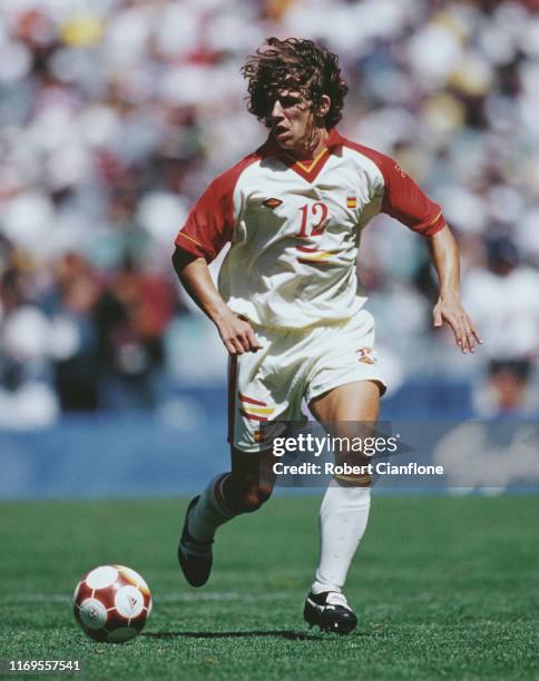 Carles Puyol of Spain runs with the ball during the Men's Final against the Cameroon on 30th September 2000 during the XXVII Olympic Summer Games at...