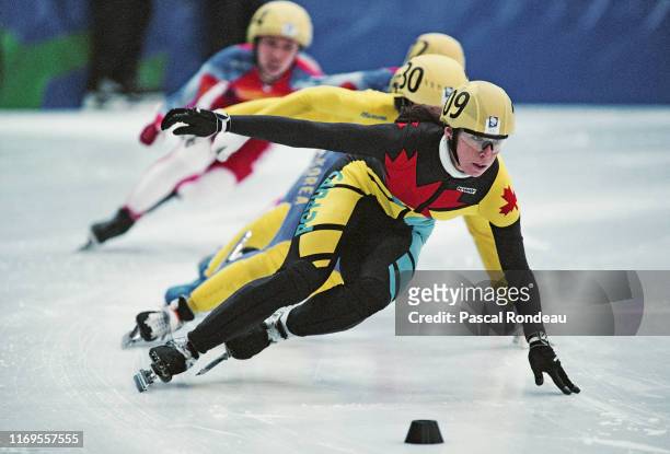 Nathalie Lambert of Canada leads the Women's 1,000 metres Short Track Speed Skating competition on 26th February 1994 during the XVII Olympic Winter...