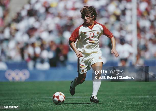 Carles Puyol of Spain runs with the ball during the Men's Final against the Cameroon on 30th September 2000 during the XXVII Olympic Summer Games at...