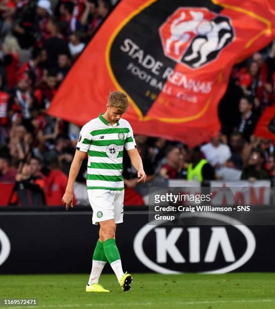 Celtic's Kristoffer Ajer is dejected after conceding a penalty during the UEFA Europa League Group E match between Stade Rennais and Celtic at...