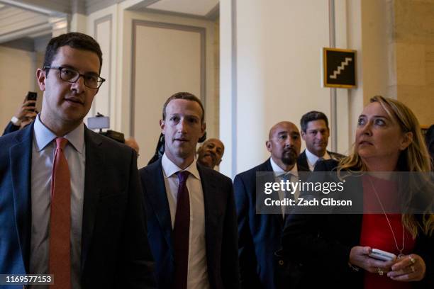 Facebook CEO Mark Zuckerberg walks to a meeting with Sen. Josh Hawley on September 19, 2019 in Washington, DC. Zuckerberg also met with Sen. Maria...