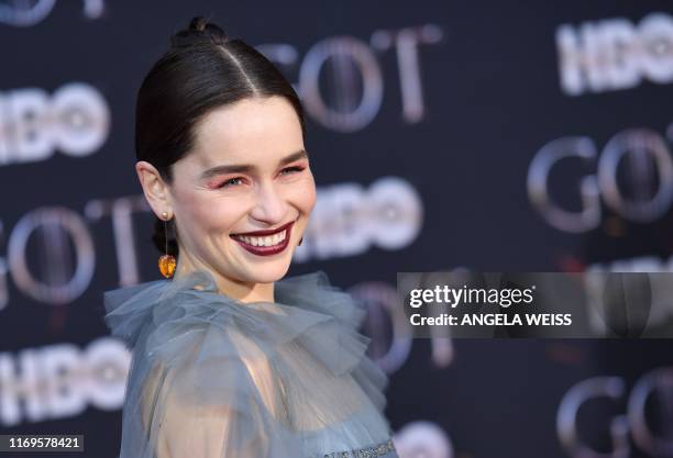 In this file photo taken on April 3, 2019 British actress Emilia Clarke arrives for the "Game of Thrones" eighth and final season premiere at Radio...