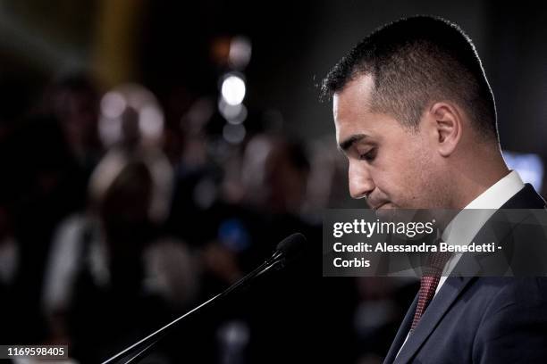 Leader of Five Stars Movement Luigi Di Maio speaks to media after meeting with Italian president Sergio Mattarella during the second day of...