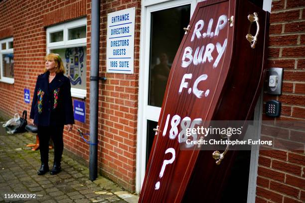 Joy Hart, a former director of Bury Football Club, handcuffs herself to Gigg Lane stadium, the home of struggling football club Bury on August 22,...